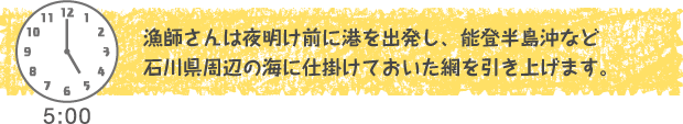 5：00　漁師さんは夜明け前に港を出発し、能登半島沖など
石川県周辺の海に仕掛けておいた網を引き上げます。